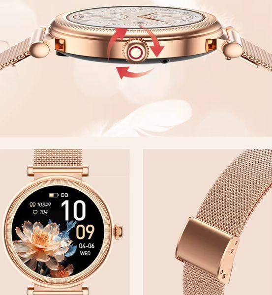 Круглий жіночий смарт годинник Lemfo Lily 2 Pro з металічним ремінцем / Gold 342 фото