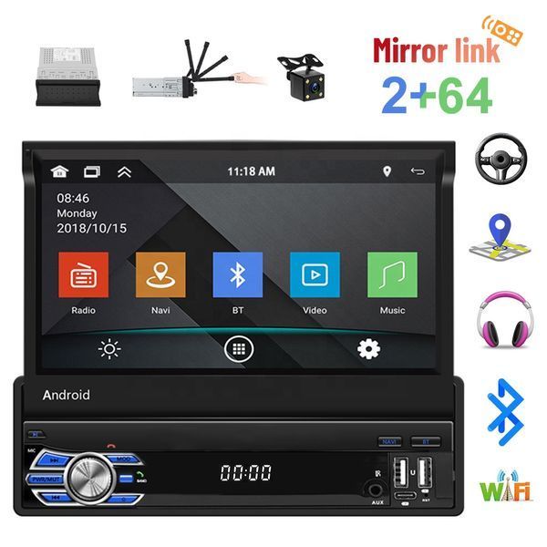 1DIN Магнітола з висувним екраном Android  2\64Gb з камерою заднього огляду, WIFI, GPS ,Carplay 378 фото