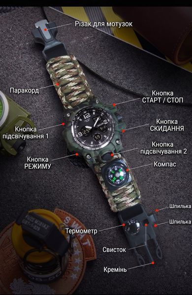 Чоловічий тактичний годинник 10 в 1 (Олива) з термометром, компасом і паракордом + Змінний ремінець 827 фото