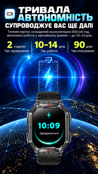 Тактичний смарт годинник K55 Pro AMOLED 2.1&Prime; з компасом, барометром, LED-ліхтариком, дзвінками, IP68 6989 фото